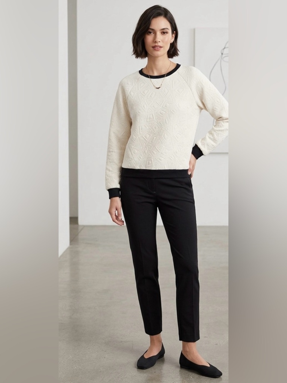 Tulle Textured Geometric Sweater Cream Black Trim | Chic Minimalist